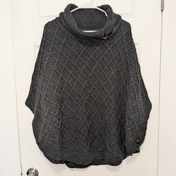 Orvis Cable Knit Cotton Wool Poncho Shawl Small Charcoal Gray Buckle Cowl Neck - Picture 1 of 7